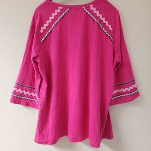LOGO Pink Tunic Top Size XL Decorative Trim Wode Sleeve Embroidered Boho Zig Zag